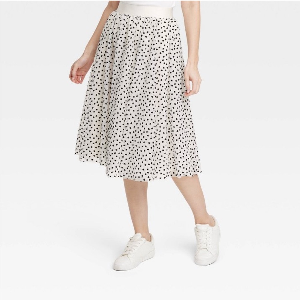 a new day Cream Midi A-Line Skirt with Black Heart Print